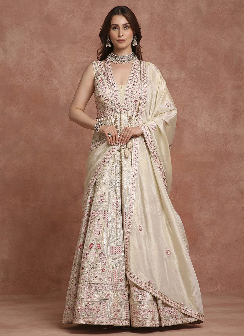 Ivory Faux Georgette Resham And Embroidered Thread work Palazzo Suit