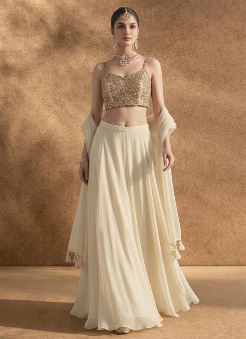 Ivory Georgette Zari Sequins Lehenga Wedding Wear