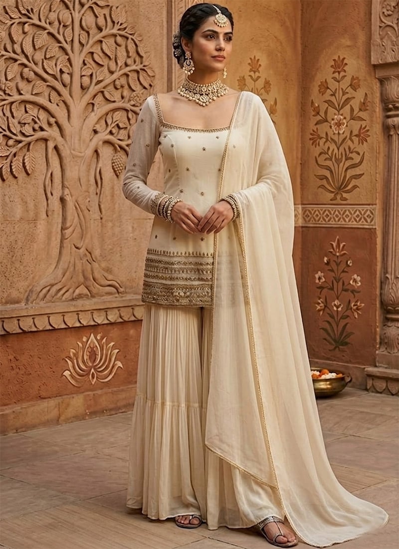 Ivory Georgette Zari Sequins Sharara Suit Festive Wear