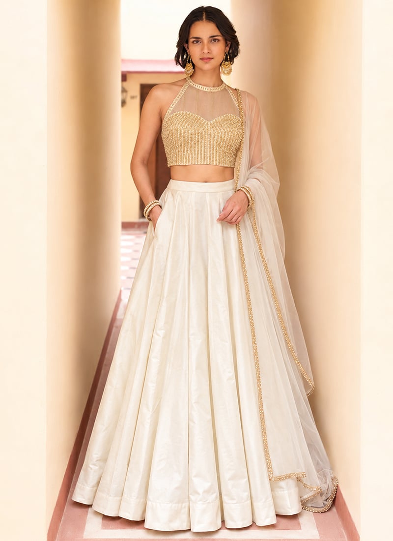 Ivory Halter Neck Embroidered Sequins Embellished Silk Lehenga After Six Wear