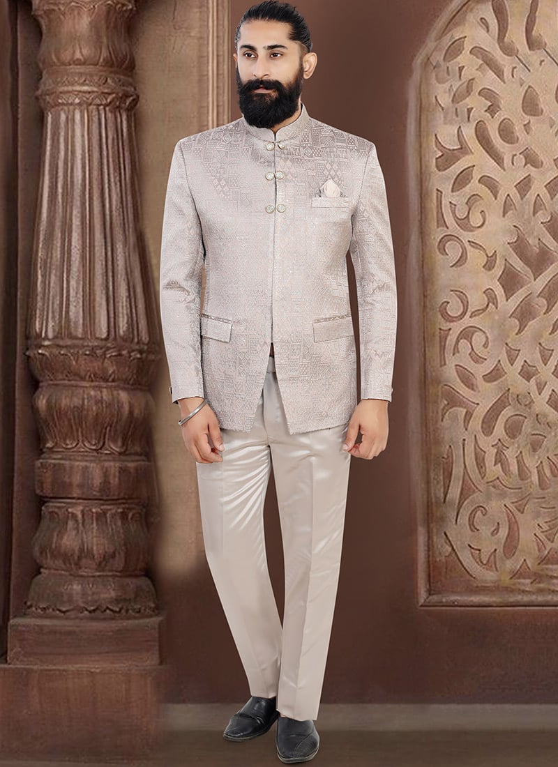 Ivory Jacquard Silk Embroidered Zari Two Piece Suit Wedding Wear
