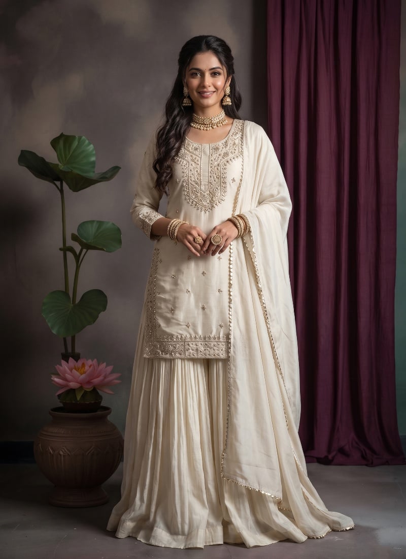 Ivory Long Choli  Lehenga Sequins Embroidered Silk After Six Wear