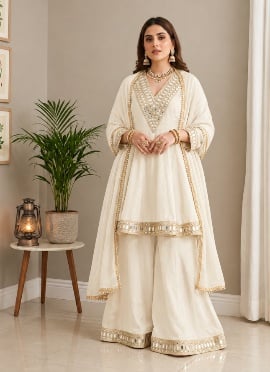 Ivory Mirror Work Chinon Palazzo Suit