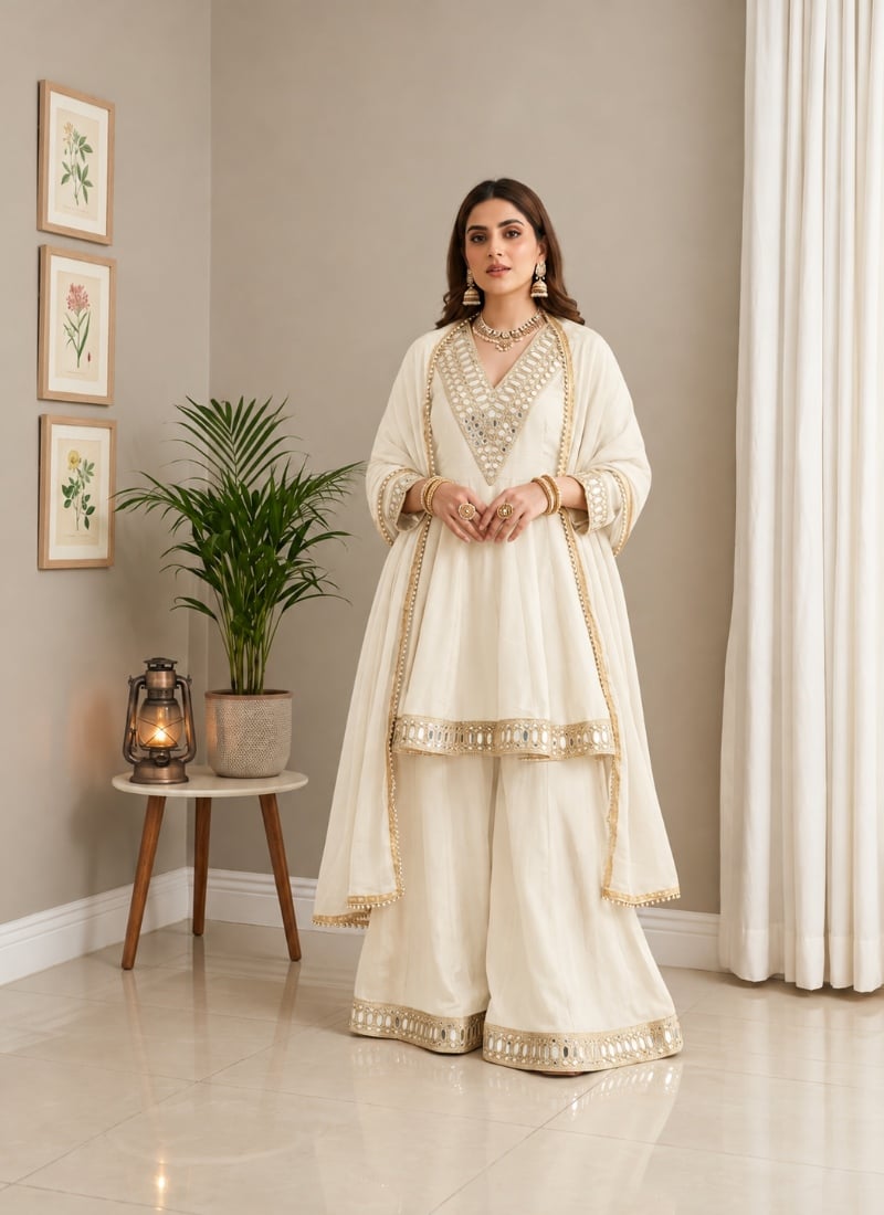 Ivory Mirror Work Chinon Palazzo Suit After Six Wear