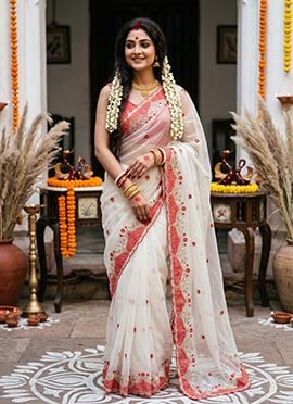 Ivory Moss Applique Sequins Embroidered Saree