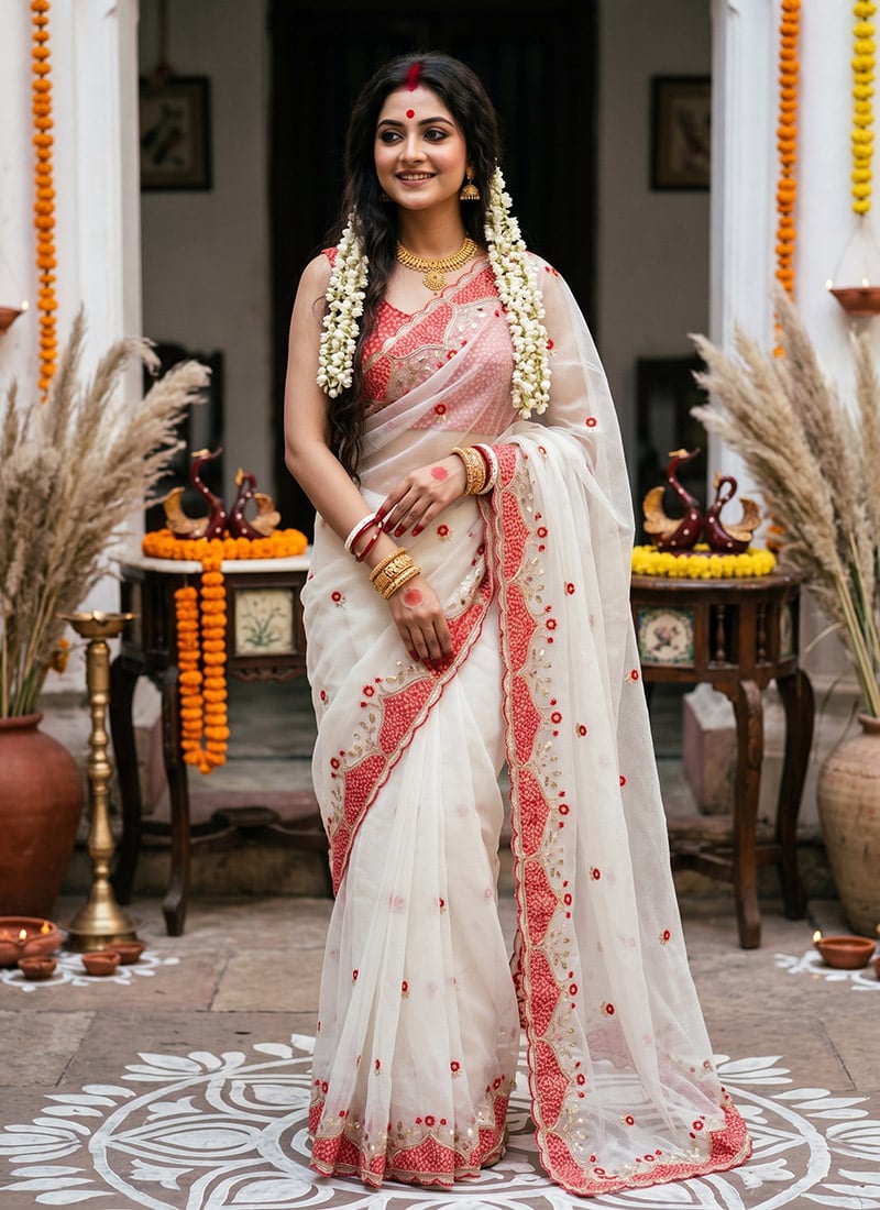 Ivory Moss Applique Sequins Embroidered Saree Festive Wear
