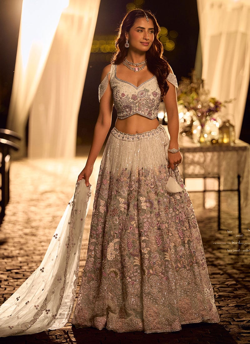 Ivory Net Hand Embroidered Beads Mirror Work Umbrella Lehenga Wedding Wear