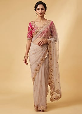 Ivory Net Zari Sequins Saree