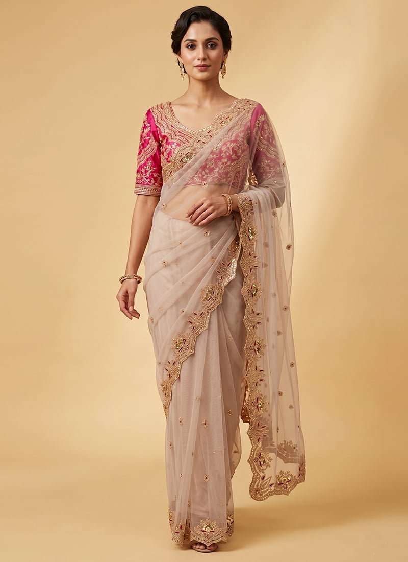 Ivory Net Zari Sequins Saree Festive Wear
