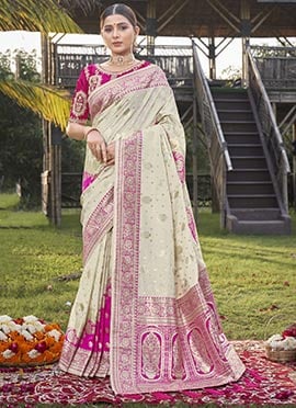 Ivory Opulence Off White Benarasi Silk Jacquard Zari Saree