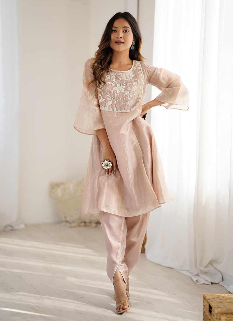 Ivory Organza Hand Embroidered Moti And Sequins Indowestern Dhoti Set Festive Wear