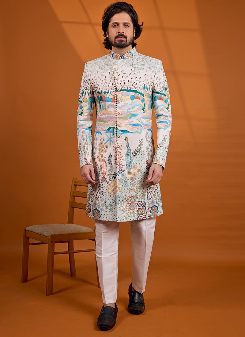 Ivory Printed Embroidered Silk Indo Western Sherwani Festive Wear