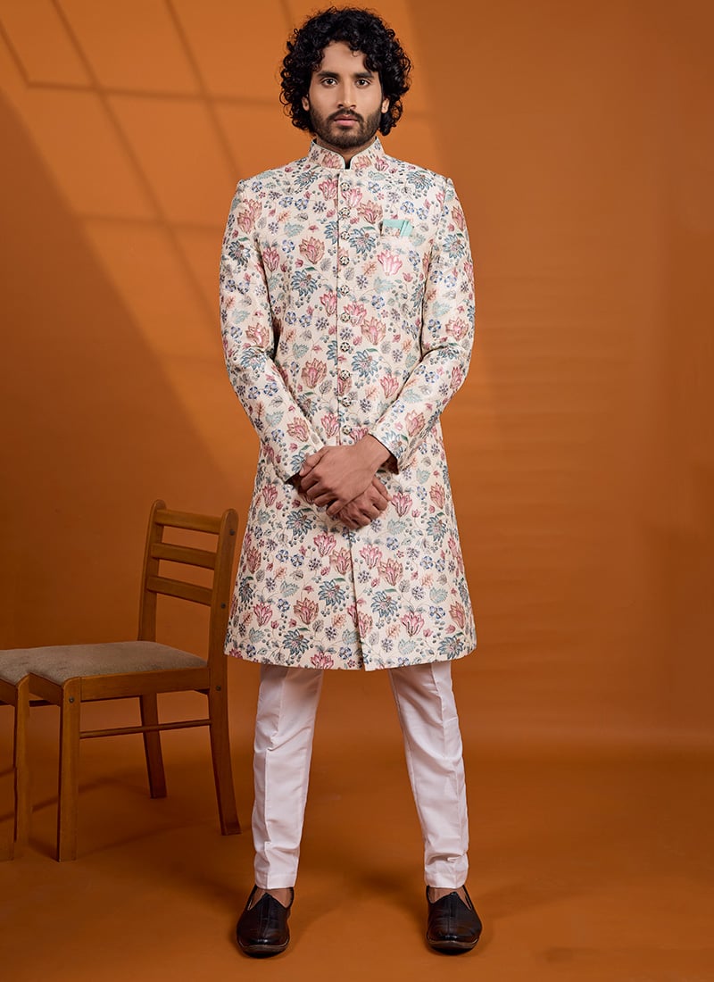 Ivory Printed Embroidered Silk Indo Western Sherwani Festive Wear