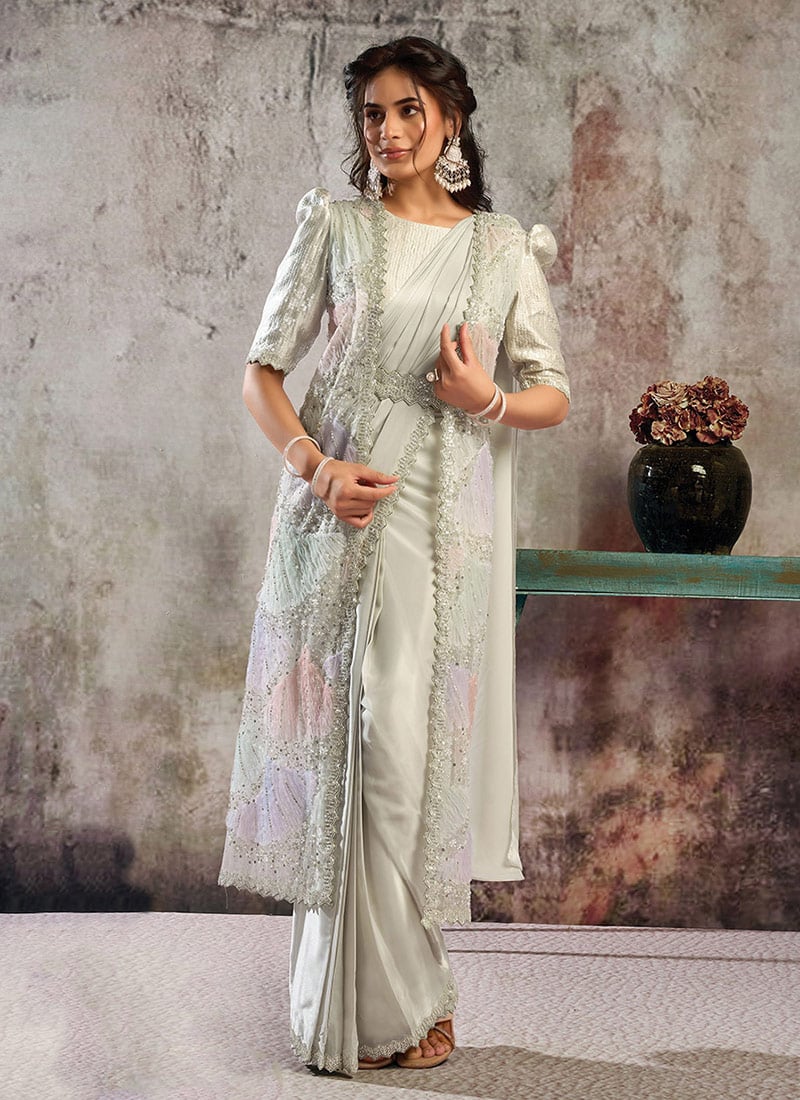 Ivory Satin Hand Embroidered Beads Work Pre Draped Long Jacket Saree Wedding Wear