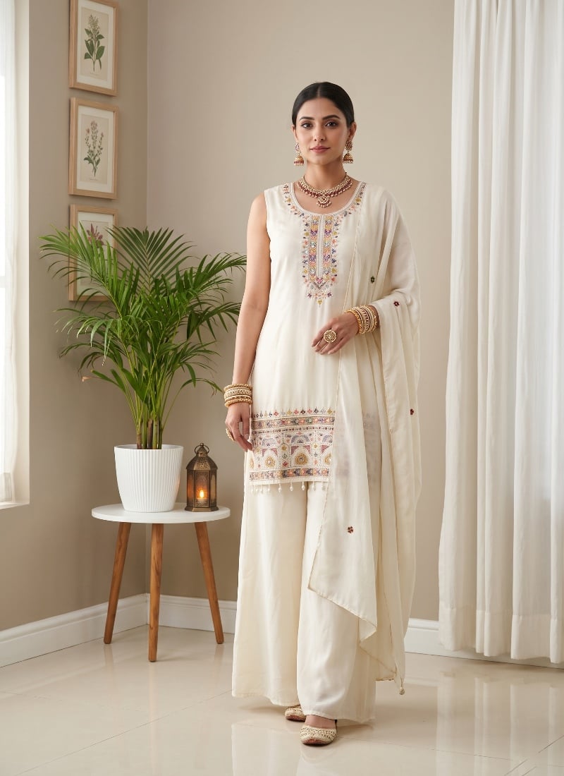 Ivory Sequins Embroidered Chinon Palazzo Suit After Six Wear
