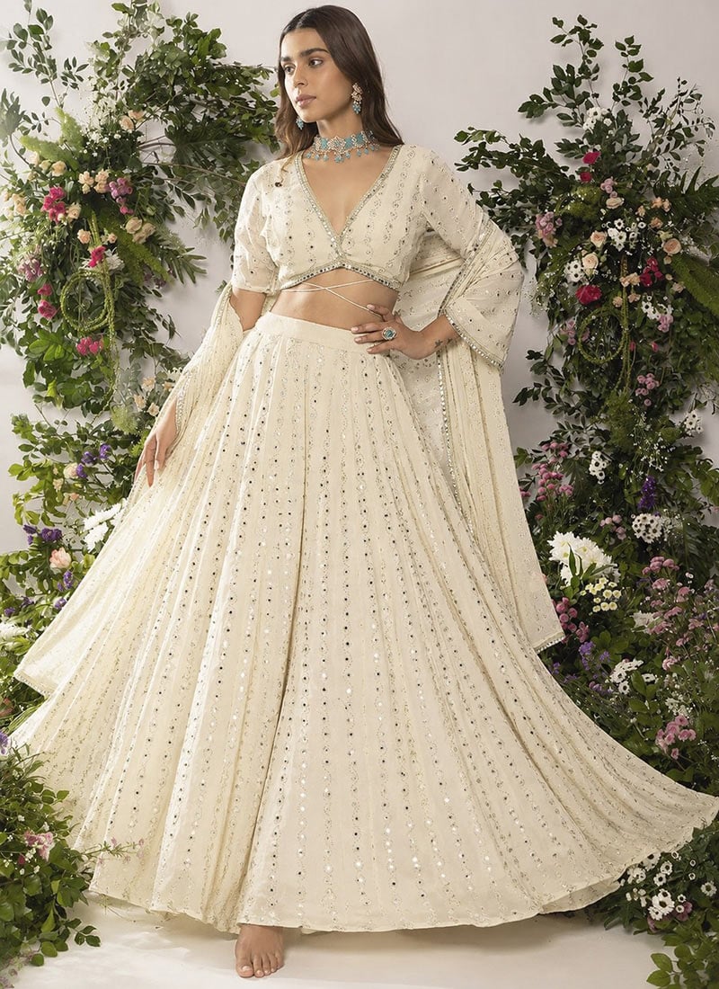 Ivory Sequins Embroidered Faux Georgette Lehenga Wedding Wear