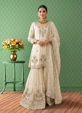 Ivory Sequins Embroidered Silk Palazzo Suit