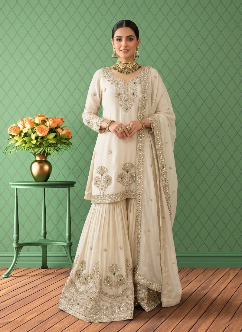 Ivory Sequins Embroidered Silk Palazzo Suit After Six Wear