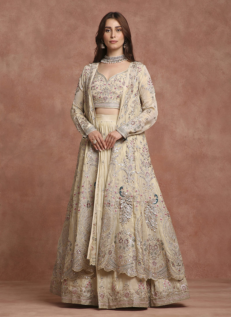 Ivory Shimmer Silk Embroidered Sequins And Zari Thread Peacock Umbrella Lehenga