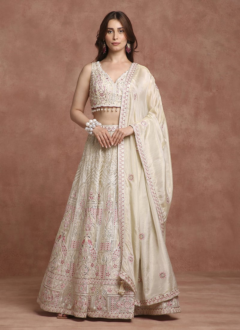 Ivory Shimmer Silk Resham And Embroidered Sequins Umbrella Lehenga Wedding Wear