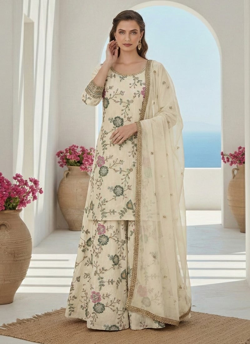 Ivory Silk Embroidered Palazzo Suit Festive Wear