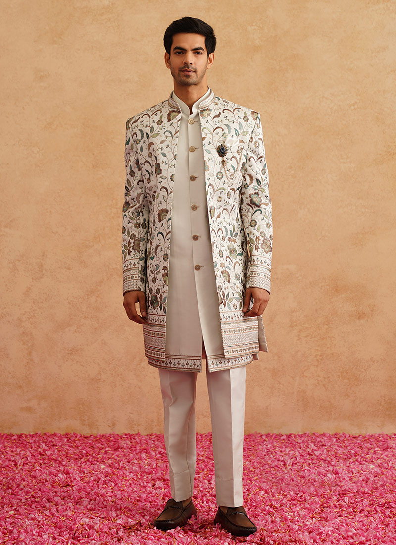 Ivory Silk Embroidered Sequins Indowestern Sherwani  Wedding Wear