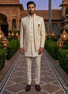 Ivory Silk Embroidered Sequins Indowestern Sherwani