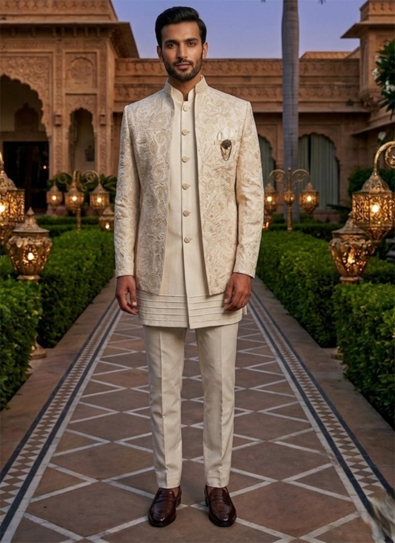 Ivory Silk Embroidered Sequins Indowestern Sherwani  Wedding Wear