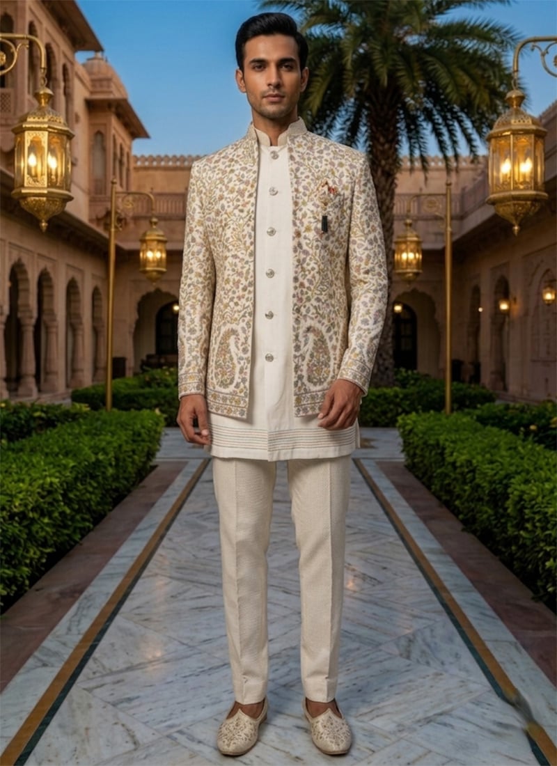 Ivory Silk Embroidered Sequins Indowestern Sherwani  Wedding Wear