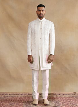 Ivory Silk Embroidered Sequins Indowestern Sherwani