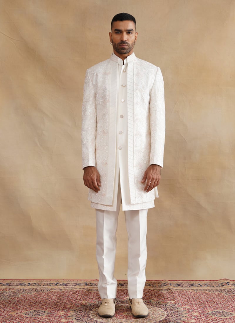Ivory Silk Embroidered Sequins Indowestern Sherwani Wedding Wear