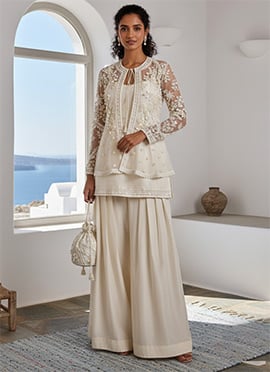 Ivory Silk Hand Embroidered Indowestern Jacket Palazzo Set