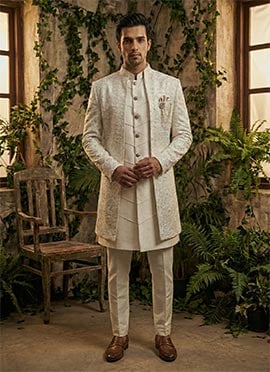 Ivory Silk Sequins Embroidered Indowestern Sherwani Set