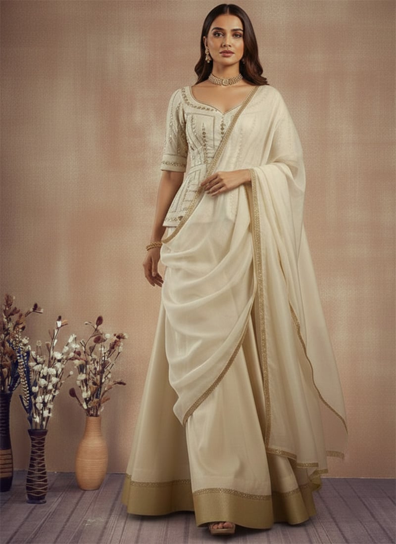 Ivory Silk Sequins Zari Umbrella Lehenga Festive Wear