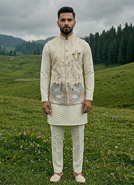 Ivory Silk Thread Embroidered Sequins Bandi Set