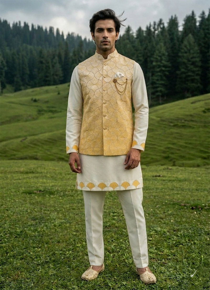 Ivory Silk Thread Embroidered Sequins Bandi Set Festive Wear