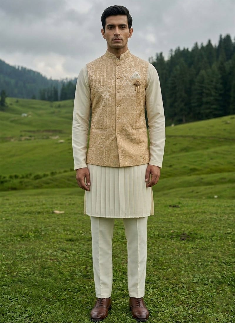 Ivory Silk Thread Embroidered Sequins Bandi Set Festive Wear