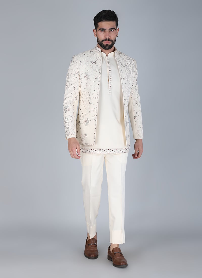 Ivory Silk Thread Hand Embroidered Jodhpuri Suit