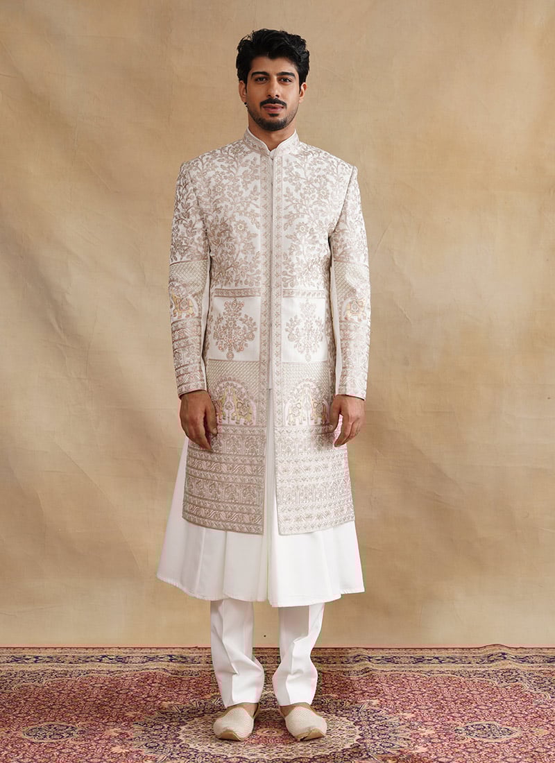 Ivory Silk Zari And Embroidered Stones Indowestern Sherwani Wedding Wear