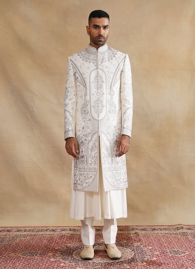 Ivory Silk Zari And Embroidered Stones Indowestern Sherwani Wedding Wear