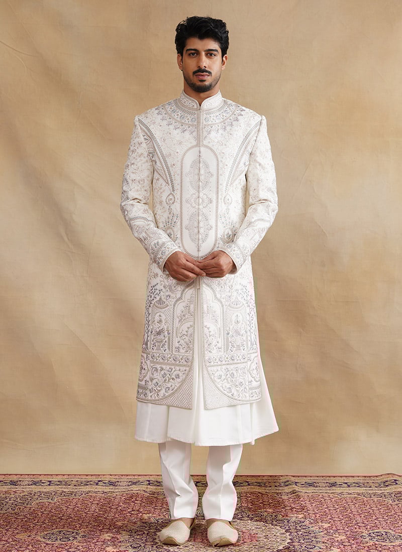 Ivory Silk Zari And Embroidered Stones Indowestern Sherwani Wedding Wear