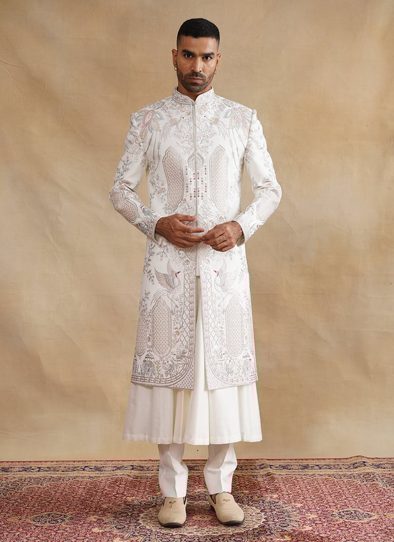 Ivory Silk Zari And Embroidered Stones Indowestern Sherwani Wedding Wear
