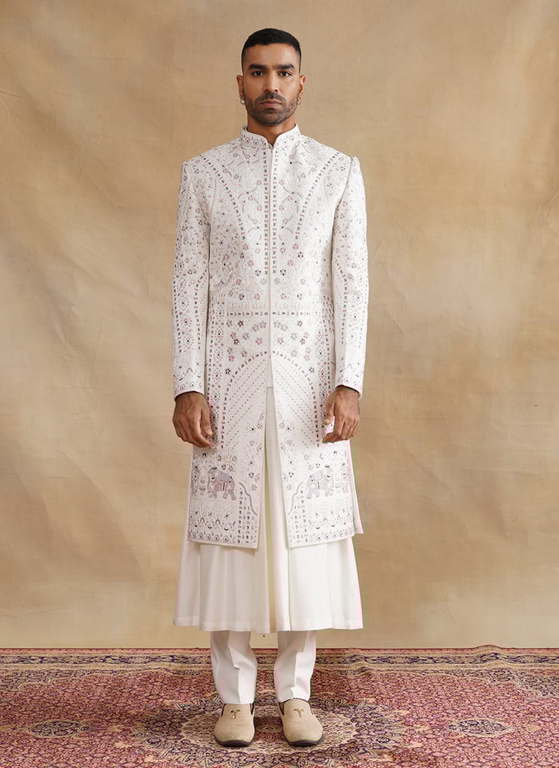 Ivory Silk Zari And Embroidered Stones Indowestern Sherwani Wedding Wear