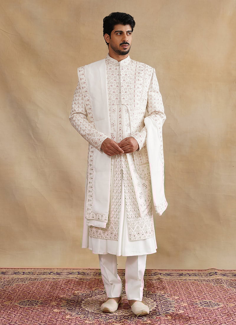 Ivory Silk Zari And Embroidered Stones Indowestern Sherwani Wedding Wear