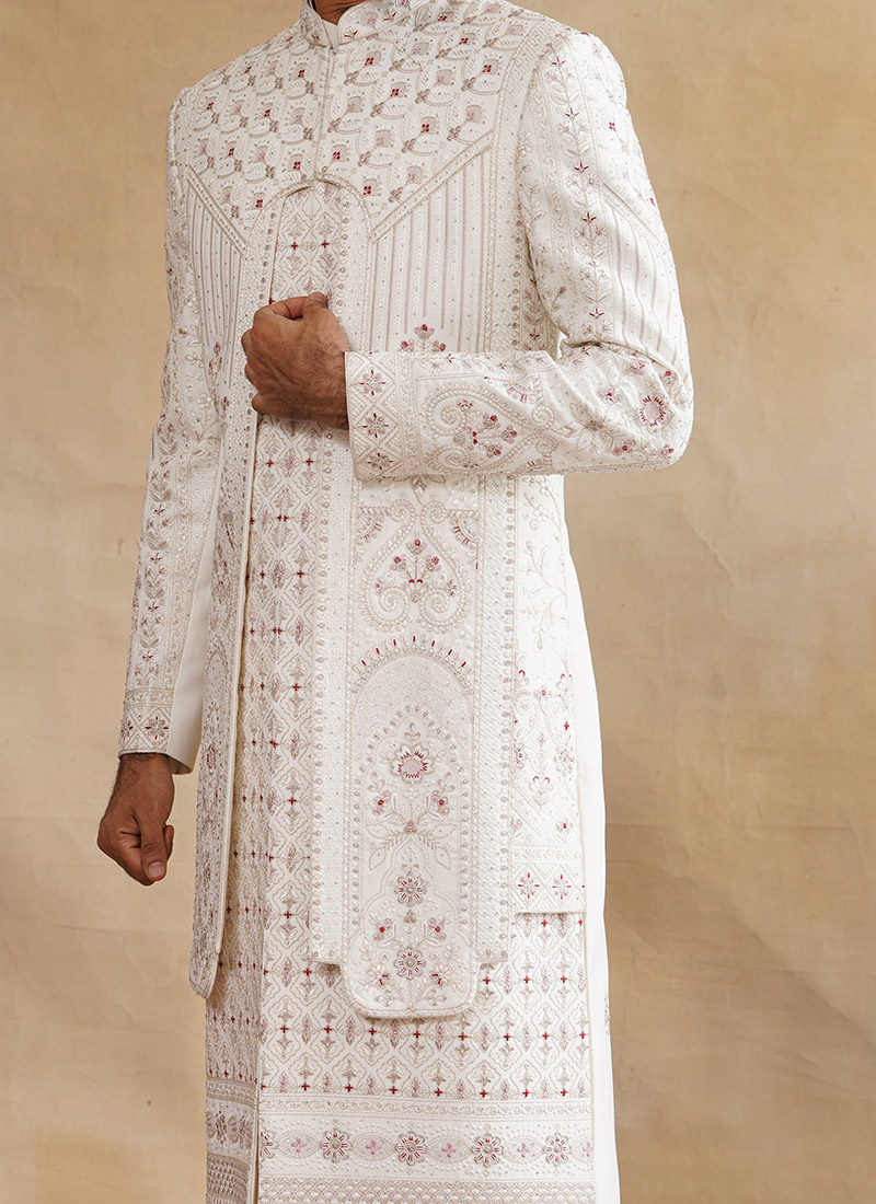 Buy Ivory Silk Zari And Embroidered Stones Indowestern Sherwani Wedding ...