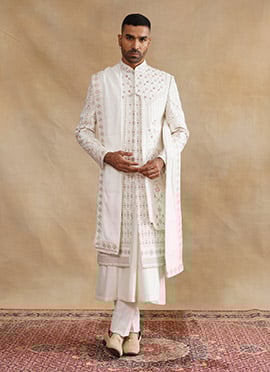 Ivory Silk Zari And Embroidered Stones Indowestern Sherwani