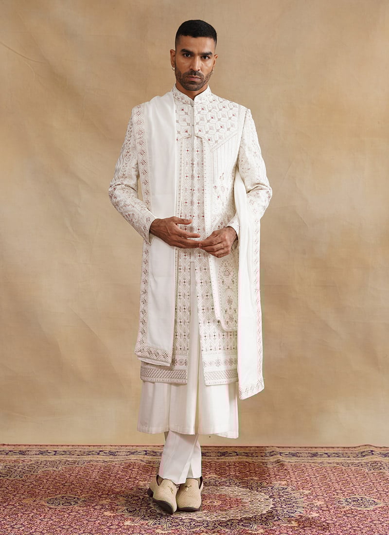 Ivory Silk Zari And Embroidered Stones Indowestern Sherwani Wedding Wear