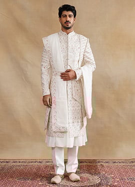 Ivory Silk Zari And Embroidered Stones Indowestern Sherwani