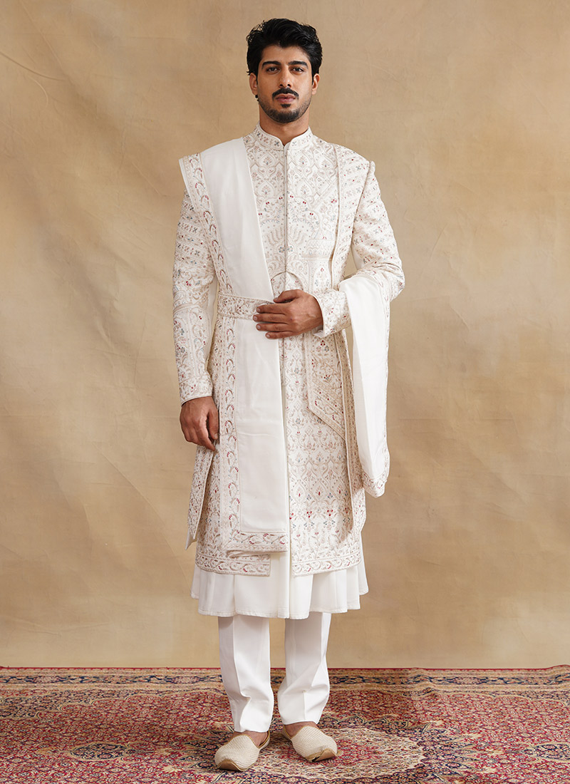 Ivory Silk Zari And Embroidered Stones Indowestern Sherwani Wedding Wear