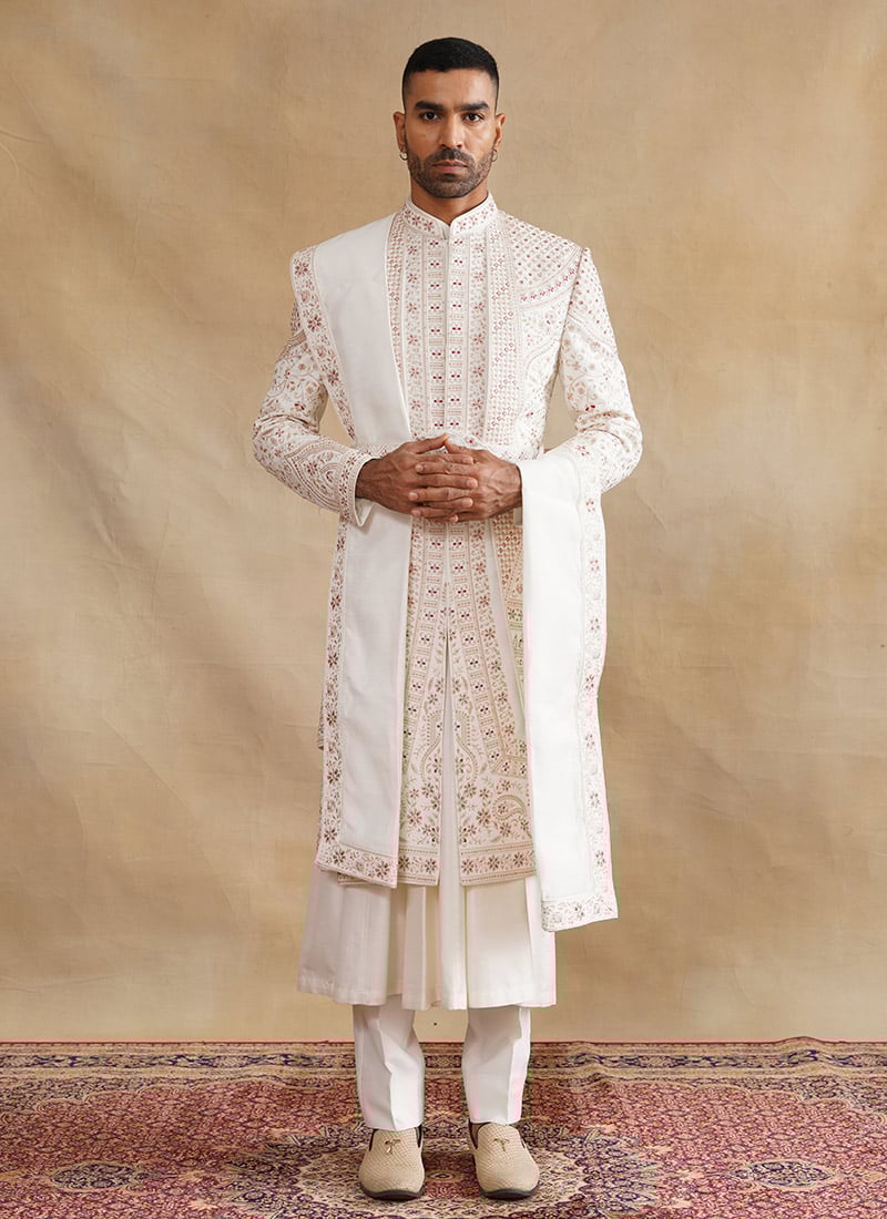 Ivory Silk Zari And Embroidered Stones Indowestern Sherwani Wedding Wear